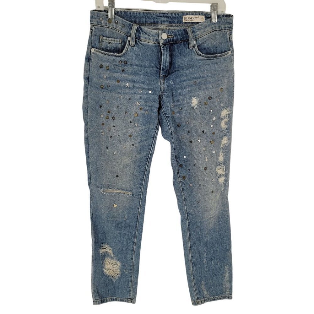 Blanknyc womens 26 cropped girlfriend blue medium wash distressed studded jeans